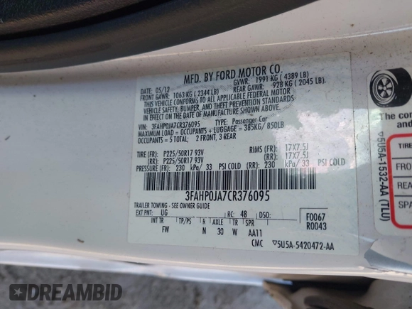 2012 Ford Fusion SEL with VIN 3FAHP0JA7CR376095, listed as a IAAI auction lot 41892246 with 77,025 mi miles and . Bid and sale history available at carsss.com. Image 9.