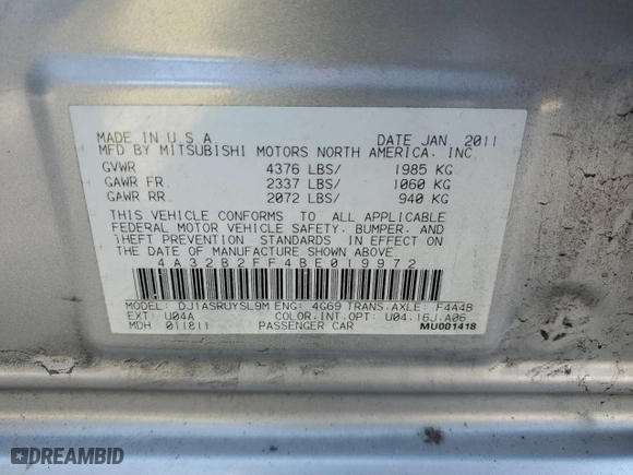 2011 Mitsubishi Galant FE with VIN 4A32B2FF4BE019972, listed as a Copart auction lot 50345915 with 114,636 mi miles and Salvage Title. Bid and sale history available at carsss.com. Image 12.