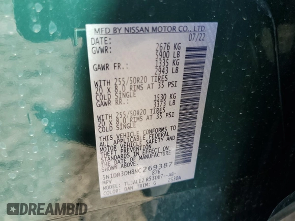 2022 Nissan Pathfinder Platinum with VIN 5N1DR3DH8NC269387, listed as a Copart auction lot 43648835 with 32,292 mi miles and Salvage title. Bid and sale history available at DreamBid. Image 13.