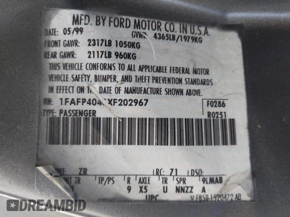 1999 Ford Mustang with VIN 1FAFP4046XF202967, listed as a IAAI auction lot 42574831 with 138,068 mi miles and . Bid and sale history available at DreamBid. Image 9.
