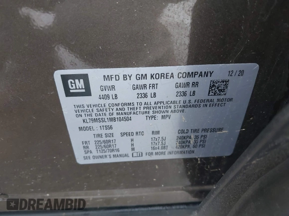 2021 Chevrolet TrailBlazer ACTIV with VIN KL79MSSL1MB104504, listed as a IAAI auction lot 41463679 with 78,382 mi miles and . Bid and sale history available at DreamBid. Image 9.