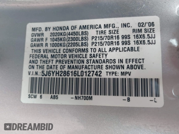 2006 Honda Element EX with VIN 5J6YH28616L012742, listed as a IAAI auction lot 41533571 with 166,865 mi miles and . Bid and sale history available at DreamBid. Image 9.