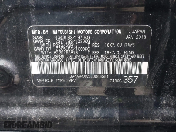 2018 Mitsubishi Outlander SEL z VIN JA4AR4AW3JU003581, wystawiony jako IAAI lot #41649517 z przebiegiem 133 160 mil mil oraz . Historia ofert i sprzedaży dostępna na DreamBid. Obrazek 9.