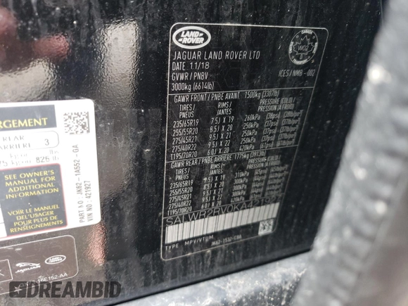 2019 Land Rover Range Rover Sport HSE z VIN SALWR2RV0KA421927, wystawiony jako Copart lot #62476675 z przebiegiem 141 959 mil mil oraz Czysty tytuł • Clean title. Historia ofert i sprzedaży dostępna na DreamBid. Obrazek 13.