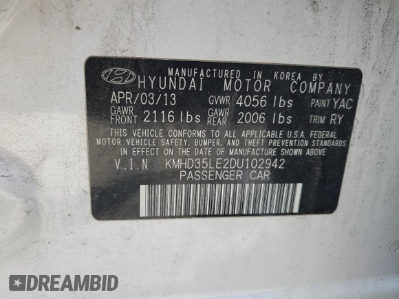 2013 Hyundai Elantra with VIN KMHD35LE2DU102942, listed as a Copart auction lot 54381795 with 176,155 mi miles and Non repairable. Bid and sale history available at DreamBid. Image 12.