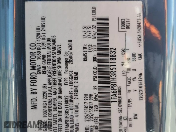 2024 Ford Mustang EcoBoost z VIN 1FA6P8TH3R5118832, wystawiony jako Copart lot #48633515 z przebiegiem 23 426 mil mil oraz Szkoda całkowita • Salvage title. Historia ofert i sprzedaży dostępna na DreamBid. Obrazek 12.