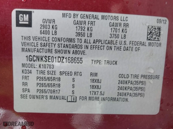 2013 Chevrolet Silverado 1500 LT with VIN 1GCNKSE01DZ168655, listed as a IAAI auction lot 41488652 with 102,224 mi miles. Bid and sale history available at carsss.com. Image 9.