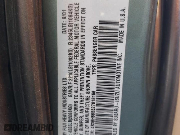 2002 Subaru Legacy Outback z VIN 4S3BH665527618156, wystawiony jako Copart lot #65384565 z przebiegiem 169 600 mil mil oraz Szkoda całkowita • Salvage title. Historia ofert i sprzedaży dostępna na DreamBid. Obrazek 13.