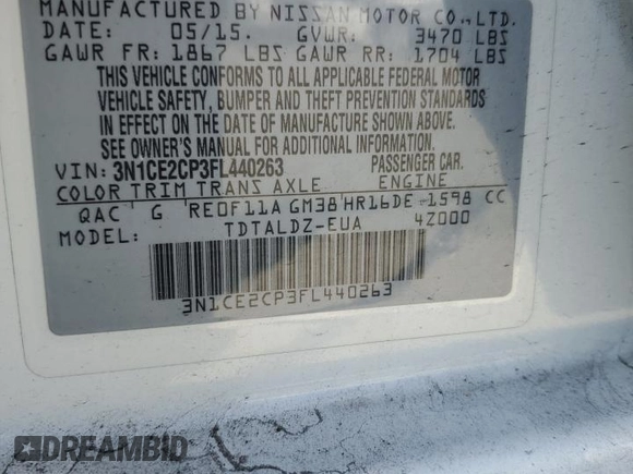2015 Nissan Note SV with VIN 3N1CE2CP3FL440263, listed as a Copart auction lot 56556235 with 103,825 mi miles and Salvage title. Bid and sale history available at DreamBid. Image 13.