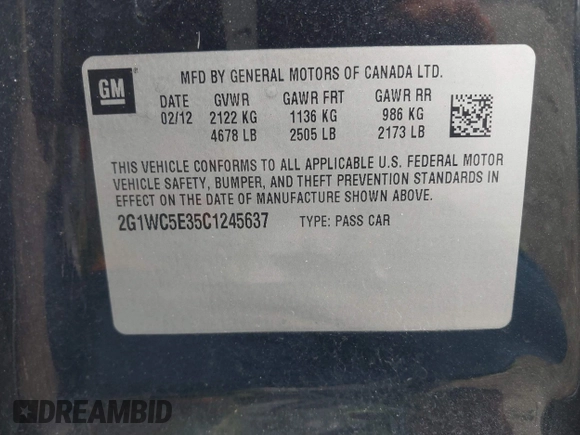 2012 Chevrolet Impala LTZ with VIN 2G1WC5E35C1245637, listed as a IAAI auction lot 41955052 with 233,406 mi miles and . Bid and sale history available at DreamBid. Image 9.