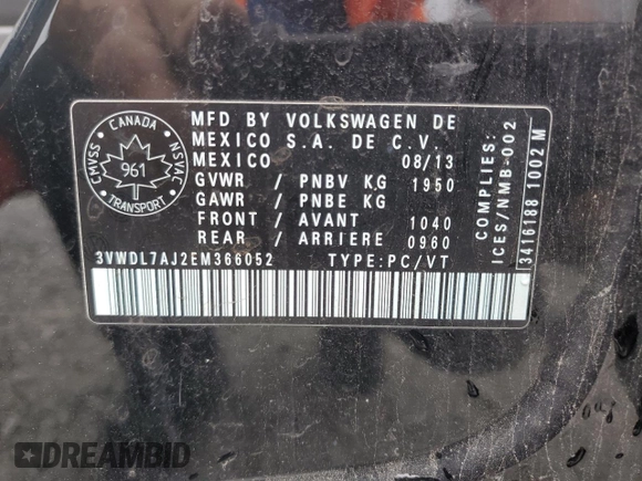 2014 Volkswagen Jetta Comfortline с VIN 3VWDL7AJ2EM366052, выставлен на аукционе Copart как лот 69010344 с пробегом 210 092 миль миль и Списание • Salvage title. История ставок и продаж доступна на DreamBid. Изображение 13.