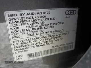 2020 Audi Q7 Premium Plus with VIN WA1LJAF78LD009220, listed as a Copart auction lot 64813815 with 47,200 mi miles and Salvage title. Bid and sale history available at DreamBid. Image 14.