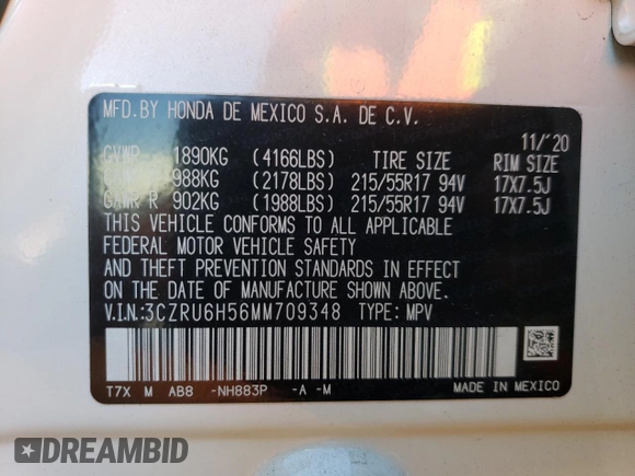2021 Honda HR-V EX with VIN 3CZRU6H56MM709348, listed as a Copart auction lot 52201075 with 35,062 mi miles and Salvage Title. Bid and sale history available at carsss.com. Image 14.