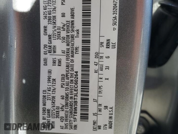 2020 Ford F-350 XL with VIN 1FT8W3BT3LEC60264, listed as a Copart auction lot 53106025 with 59,140 mi miles and Salvage title. Bid and sale history available at DreamBid. Image 13.