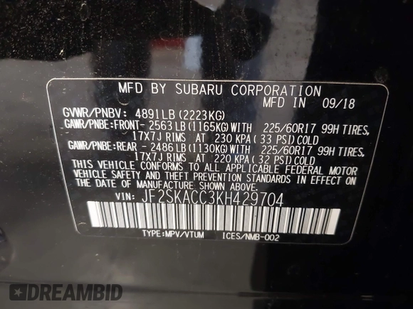 2019 Subaru Forester with VIN JF2SKACC3KH429704, listed as a IAAI auction lot 42561407 with 96,228 mi miles and . Bid and sale history available at DreamBid. Image 9.