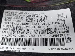 2021 Honda Civic Sedan EX with VIN 2HGFC1F34MH704651, listed as a IAAI auction lot 41873028 with 46,881 mi miles. Bid and sale history available at carsss.com. Image 9.