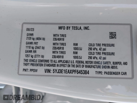 2023 Tesla Model 3 с VIN 5YJ3E1EAXPF645384, выставлен на аукционе IAAI как лот 42401955 с пробегом 18 031 миль миль и . История ставок и продаж доступна на DreamBid. Изображение 9.