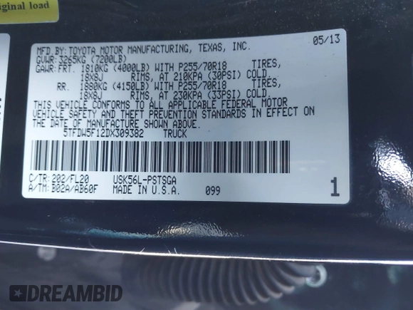 2013 Toyota Tundra 4WD Truck with VIN 5TFDW5F12DX309382, listed as a IAAI auction lot 41631661 with 158,821 mi miles. Bid and sale history available at carsss.com. Image 9.