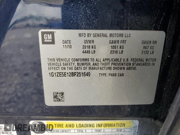 2011 Chevrolet Malibu LTZ with VIN 1G1ZE5E12BF251649, listed as a Copart auction lot 63380944 with 193,959 mi miles and Clean Title. Bid and sale history available at DreamBid. Image 12.