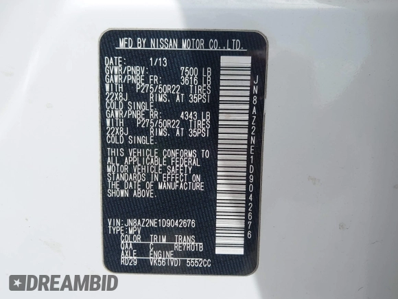 2013 Infiniti QX56 z VIN JN8AZ2NE1D9042676, wystawiony jako IAAI lot #42181659 z przebiegiem 113 454 mil mil oraz . Historia ofert i sprzedaży dostępna na DreamBid. Obrazek 9.