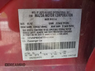 2007 Mazda 6 S Sport VE with VIN 1YVHP80D475M61404, listed as a Copart auction lot 54227555 with 163,390 mi miles and Salvage Title. Bid and sale history available at DreamBid. Image 12.
