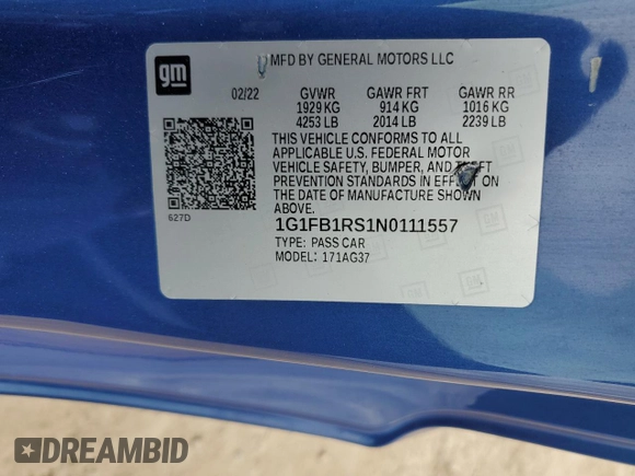 2022 Chevrolet Camaro 1LT with VIN 1G1FB1RS1N0111557, listed as a Copart auction lot 43798105 with 31,380 mi miles and Salvage Title. Bid and sale history available at carsss.com. Image 12.