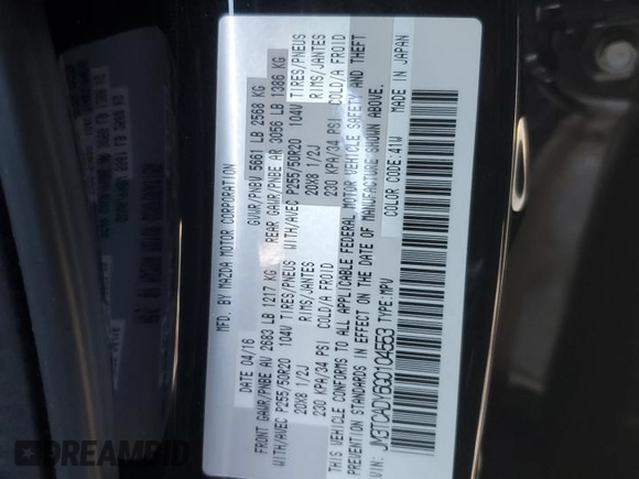 2016 Mazda CX-9 Grand Touring with VIN JM3TCADY6G0104553, listed as a Copart auction lot 50372345 with 35,133 mi miles and Salvage Title. Bid and sale history available at DreamBid. Image 13.