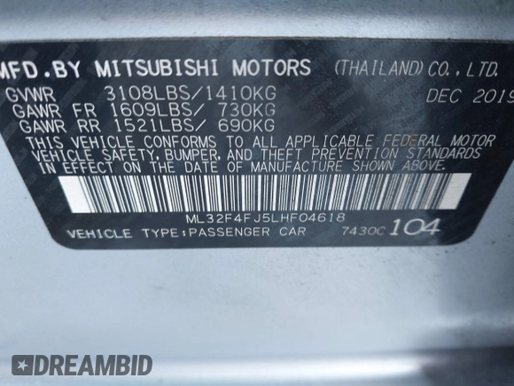 2020 Mitsubishi Mirage SE with VIN ML32F4FJ5LHF04618, listed as a IAAI auction lot 41400910 with 59,658 mi miles and . Bid and sale history available at DreamBid. Image 9.