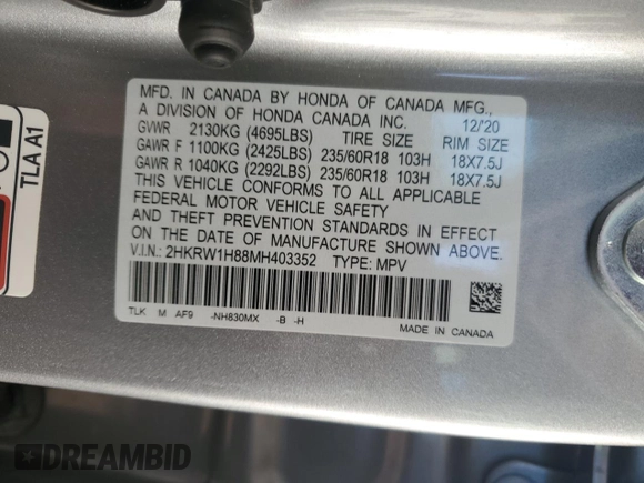 2021 Honda CR-V EX-L z VIN 2HKRW1H88MH403352, wystawiony jako Copart lot #58040875 z przebiegiem 29 671 mil mil oraz Szkoda całkowita • Salvage title. Historia ofert i sprzedaży dostępna na DreamBid. Obrazek 13.