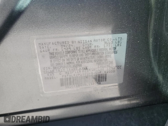 2024 Nissan Kicks S with VIN 3N1CP5BVXRL552798, listed as a Copart auction lot 48476195 with Not Provided miles and Salvage Title. Bid and sale history available at DreamBid. Image 13.