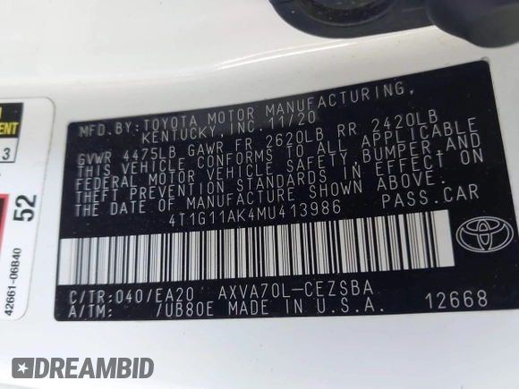 2021 Toyota Camry SE Nightshade with VIN 4T1G11AK4MU413986, listed as a IAAI auction lot 41472262 with 83,247 mi miles and . Bid and sale history available at DreamBid. Image 9.