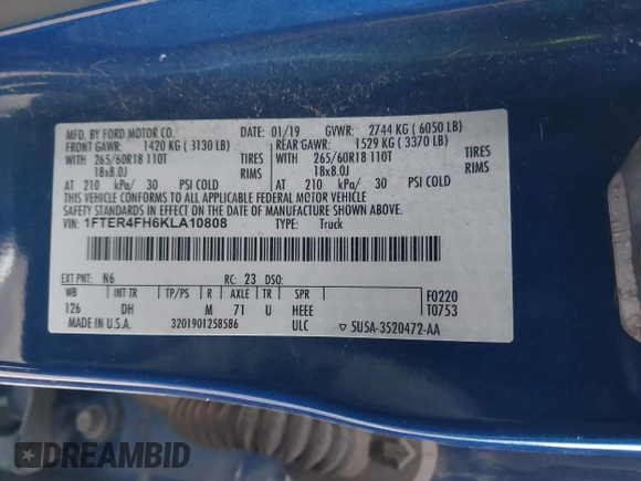 2019 Ford Ranger XL with VIN 1FTER4FH6KLA10808, listed as a IAAI auction lot 41071773 with 69,309 mi miles and . Bid and sale history available at DreamBid. Image 9.