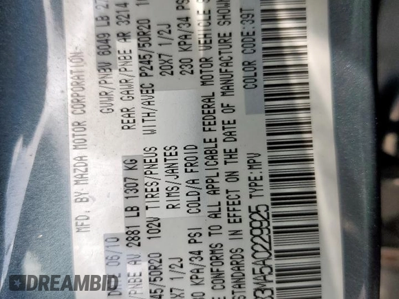 2010 Mazda CX-9 Grand Touring with VIN JM3TB3MA5A0229925, listed as a Copart auction lot 63072725 with 146,483 mi miles and Salvage title. Bid and sale history available at DreamBid. Image 13.