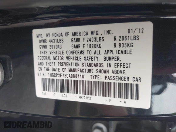 2012 Honda Accord EX с VIN 1HGCP2F78CA088448, выставлен на аукционе IAAI как лот 41598357 с пробегом 163 842 миль миль и . История ставок и продаж доступна на DreamBid. Изображение 9.