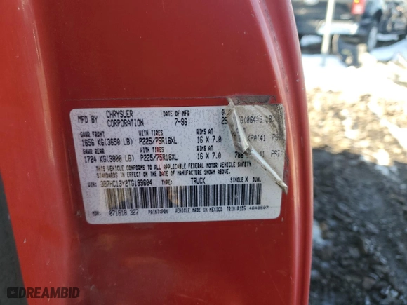1996 Dodge Ram 1500 with VIN 3B7HC13Y2TG199604, listed as a Copart auction lot 42132025 with 183,774 mi miles and Salvage Title. Bid and sale history available at carsss.com. Image 14.