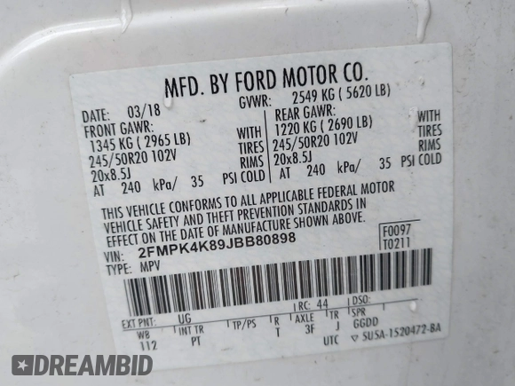2018 Ford Edge Titanium with VIN 2FMPK4K89JBB80898, listed as a IAAI auction lot 41361559 with 95,313 mi miles. Bid and sale history available at carsss.com. Image 9.