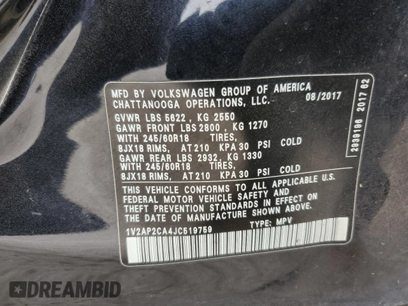 2018 Volkswagen Atlas S with VIN 1V2AP2CA4JC519759, listed as a Copart auction lot 49865655 with 135,124 mi miles and Clean title. Bid and sale history available at DreamBid. Image 13.