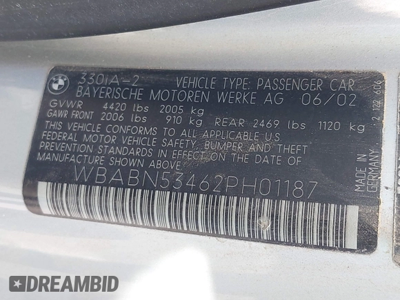 2002 BMW 3 Series 330Ci with VIN WBABN53462PH01187, listed as a IAAI auction lot 42499712 with 169,367 mi miles and . Bid and sale history available at DreamBid. Image 9.