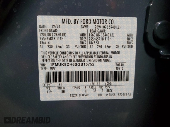 2025 Ford Explorer Active with VIN 1FMUK8DH6SGB15752, listed as a Copart auction lot 44458445 with 0 mi miles and Salvage Title. Bid and sale history available at carsss.com. Image 15.