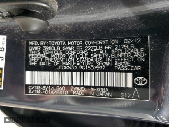 2012 Toyota Prius One with VIN JTDKN3DU9C1507597, listed as a Copart auction lot 54329345 with 127,491 mi miles and Salvage Title. Bid and sale history available at carsss.com. Image 12.