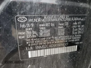 2019 Hyundai Santa Fe SE with VIN 5NMS2CAD5KH096149, listed as a Copart auction lot 54204262 with 66,257 mi miles. Bid and sale history available at carsss.com. Image 10.