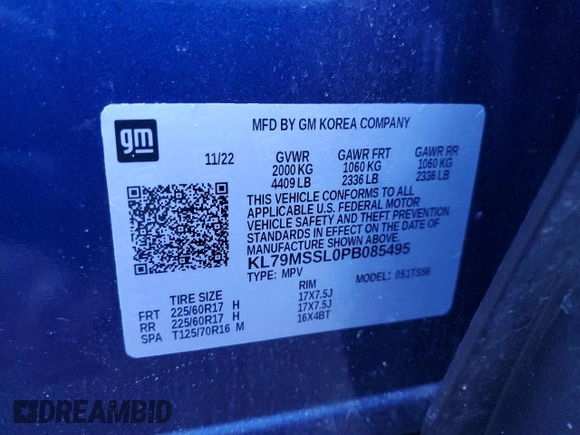 2023 Chevrolet TrailBlazer ACTIV with VIN KL79MSSL0PB085495, listed as a Copart auction lot 86091804 with 16,185 mi miles and Salvage Title. Bid and sale history available at DreamBid. Image 13.