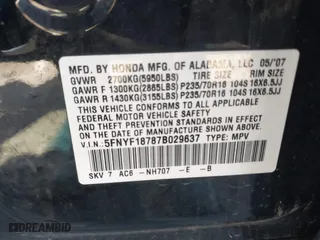 2007 Honda Pilot EX-L with VIN 5FNYF18787B029637, listed as a IAAI auction lot 41816373 with 305,036 mi miles. Bid and sale history available at carsss.com. Image 9.