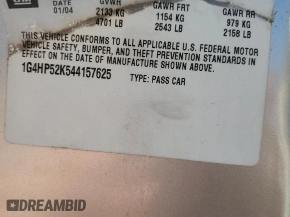 2004 Buick LeSabre Custom with VIN 1G4HP52K544157625, listed as a Copart auction lot 52572225 with 95,959 mi miles and Salvage Title. Bid and sale history available at carsss.com. Image 12.