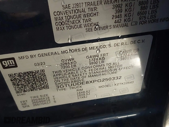 2023 GMC Sierra 1500 SLT with VIN 3GTUUDE8XPG250332, listed as a IAAI auction lot 41573099 with 45,272 mi miles and . Bid and sale history available at DreamBid. Image 9.