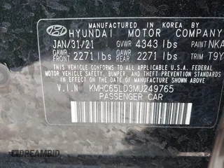 2021 Hyundai Ioniq SE with VIN KMHC65LD3MU249765, listed as a IAAI auction lot 41986977 with 63,363 mi miles and . Bid and sale history available at DreamBid. Image 9.