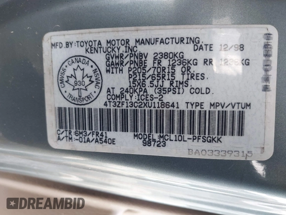1999 Toyota Sienna LE with VIN 4T3ZF13C2XU118641, listed as a IAAI auction lot 41602097 with 261,792 mi miles. Bid and sale history available at carsss.com. Image 9.