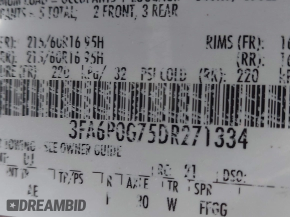 2013 Ford Fusion S with VIN 3FA6P0G75DR271334, listed as a IAAI auction lot 41812019 with 209,755 mi miles and . Bid and sale history available at DreamBid. Image 9.