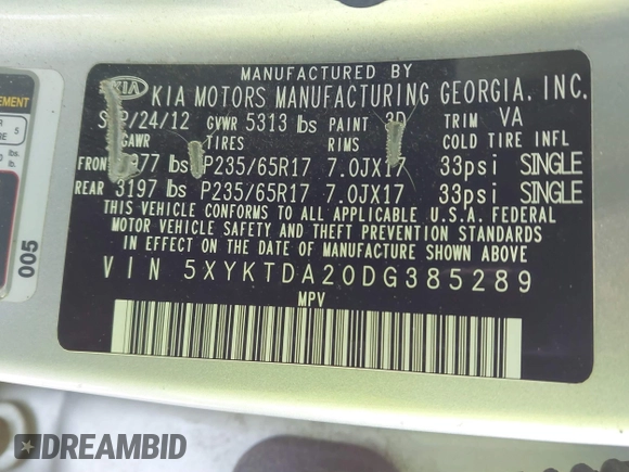 2013 Kia Sorento LX with VIN 5XYKTDA20DG385289, listed as a IAAI auction lot 41370458 with 107,216 mi miles and . Bid and sale history available at DreamBid. Image 9.