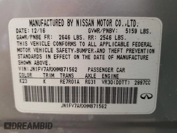 2017 Infiniti Q50 Red Sport 400 с VIN JN1FV7ARXHM871562, выставлен на аукционе Copart как лот 56331735 с пробегом 94 061 миль миль и Списание • Salvage title. История ставок и продаж доступна на DreamBid. Изображение 12.